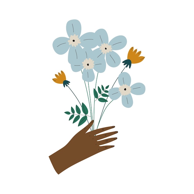 Mujer con la mano sosteniendo un ramo de flores en flor Elegante diseño floral decorativo Elemento Ilustración vectorial