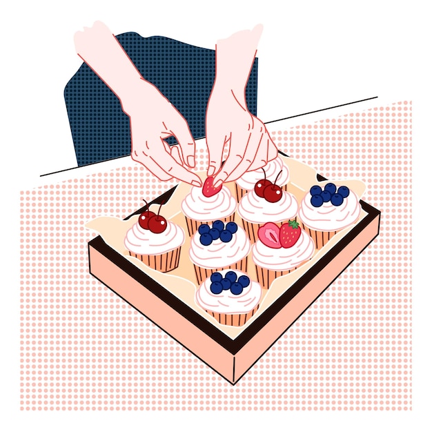 Vector mujer manos decorar cupcake con fruta ilustración