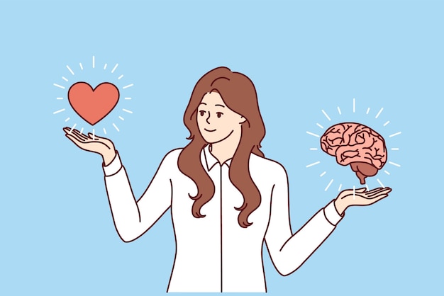 Vector la mujer mantiene el equilibrio en la carrera y la vida personal al pararse cerca del corazón con el cerebro y tratar de vivir en armonía. la empresaria observa el equilibrio y elige entre el romance o la carrera.