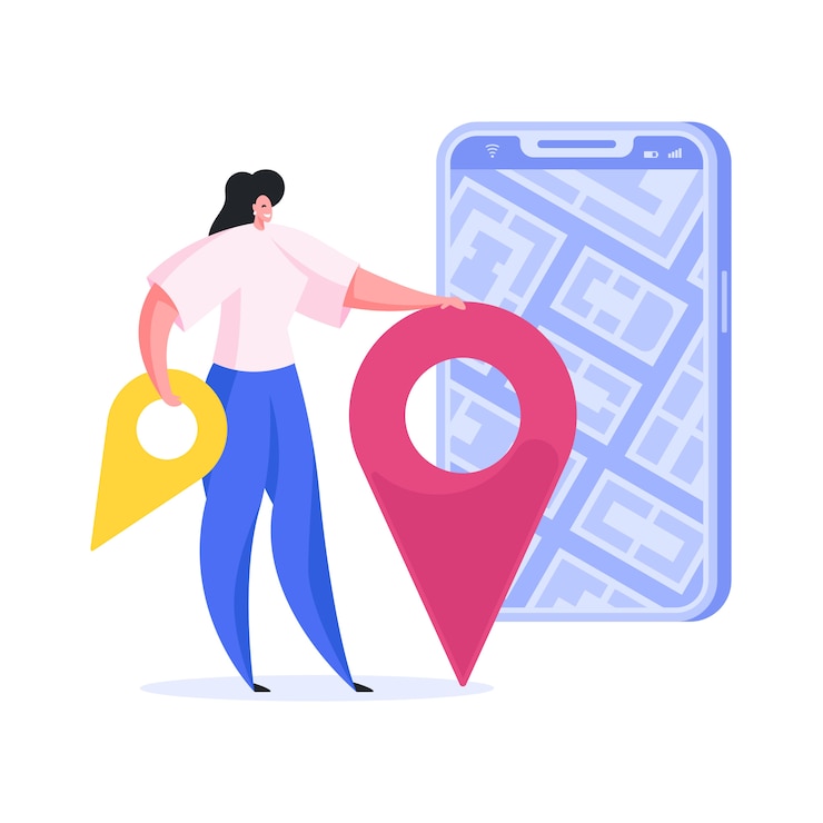 Vector mujer con mapa en línea en smartphone. ilustración plana