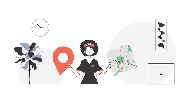 Una mujer con un mapa en sus manos concepto de entrega estilo moderno lineal