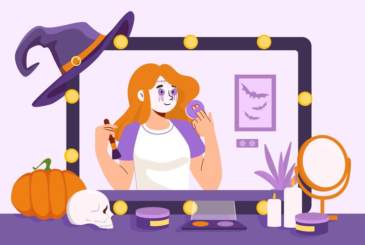 Vector mujer con maquillaje de halloween niña con disfraz fiesta internacional de miedo y horror imagen de zombie y bruja personaje con mascarada ilustración de vector plano de dibujos animados