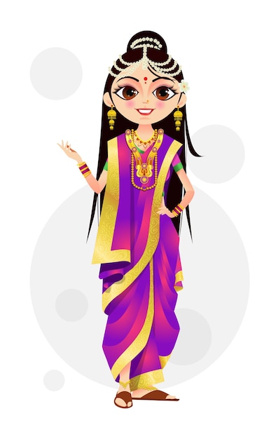 Vector mujer marathi india niña marathi código de vestimenta tradicional individualmente sobre un fondo blanco