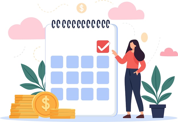 la mujer marca el calendario para la planificación de la inversión con monedas y plantas