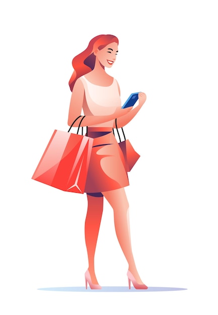 Mujer en marcas de moda personaje femenino sosteniendo bolsas de compras y usando teléfono celular temporada de grandes ventas ofertas especiales descuento promocional