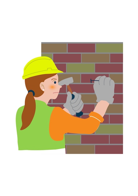 Mujer con martillo hace reparaciones en la pared de ladrillo martillando clavos en la casa de construcción