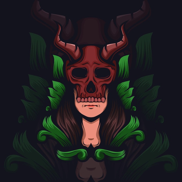 mujer con máscara de calavera roja con cuernos y adornos