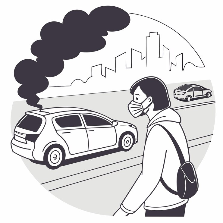 Vector una mujer con una máscara en la cara y un coche con la palabra "gas" en él