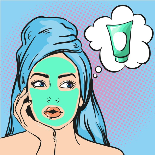Mujer con máscara cosmética de belleza en la cara Ilustración vectorial en estilo cómico de arte pop