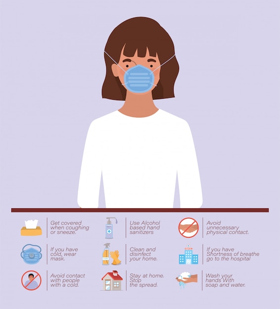 Mujer con máscara de diseño de tipos de prevención de virus ncov 2019 de Covid 19 cov infección por coronavirus síntomas de enfermedad epidémica corona e ilustración de tema médico