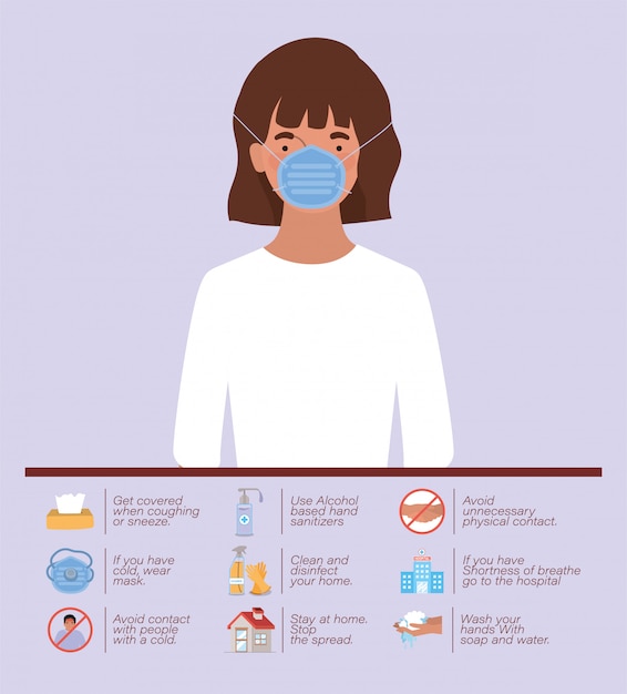 Vector mujer con máscara de diseño de tipos de prevención de virus ncov 2019 de covid 19 cov infección por coronavirus síntomas de enfermedad epidémica corona e ilustración de tema médico