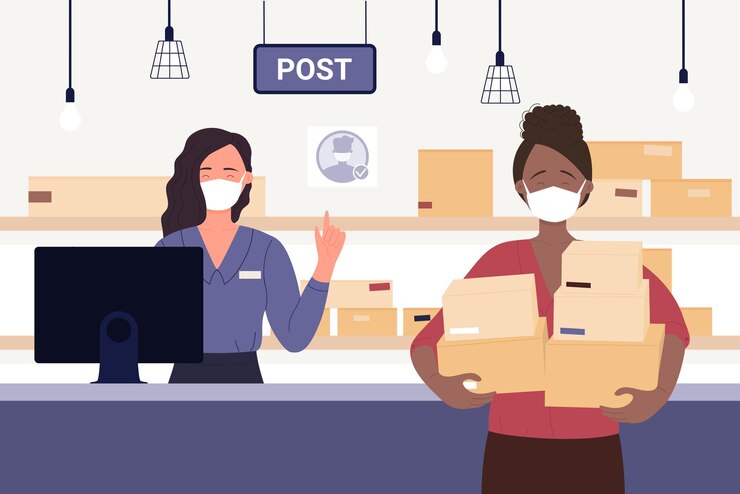 Vector mujer con máscara facial de pie en la recepción de la oficina de correos para recibir o enviar paquetes
