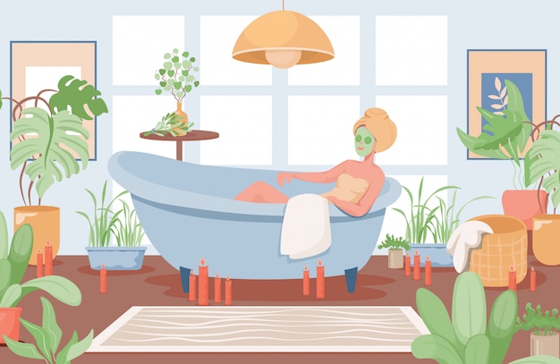Mujer con máscara facial tomando ilustración plana de bañera. Diseño de interiores de baños.