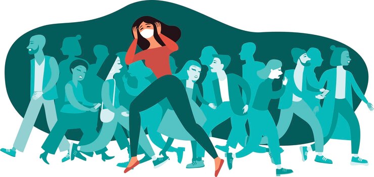 Vector mujer con máscara médica protectora multitud de personas en el fondo