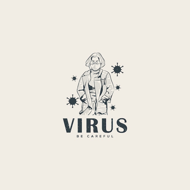 Mujer con una máscara en medio de la plantilla del logotipo de la pandemia del virus corona