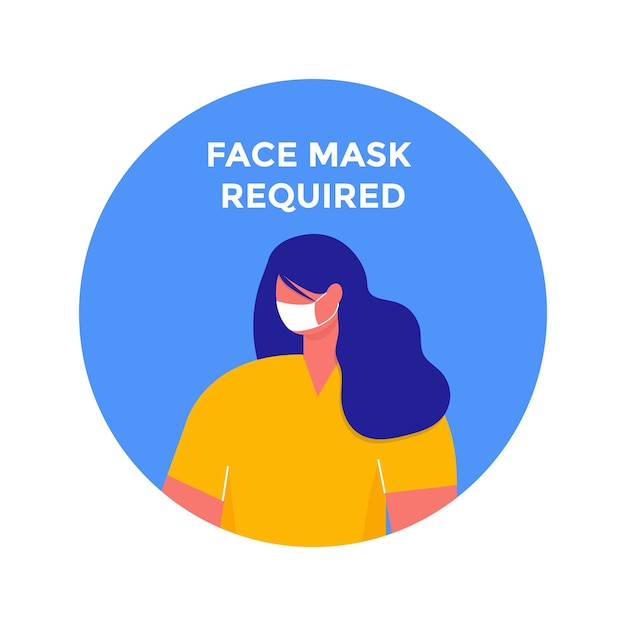 Vector mujer con mascarilla en marco redondeado. máscara requiere señal de prevención de advertencia en círculo. imagen de información de vector aislado