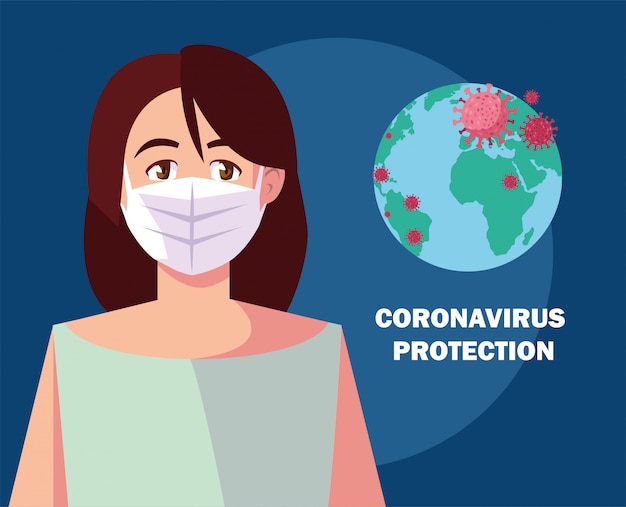 Mujer con mascarilla quirúrgica, protección contra coronavirus en lugar público