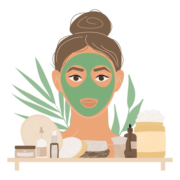 Vector una mujer con una mascarilla verde en la cara.