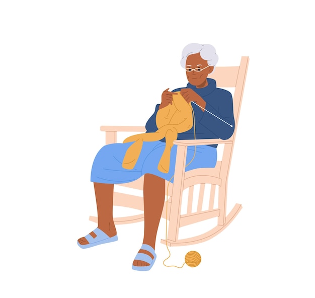 Mujer mayor, caricatura, jubilado, carácter, tejer, suéter caliente, con, agujas, sentado, en, cómodo, mecedora, sillón, vector, ilustración, aislado, blanco, plano de fondo, afición, actividad, en, retiro