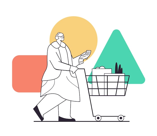 mujer mayor con carro lleno de productos comprobando la lista de compras en el supermercado concepto de vejez ilustración vectorial lineal