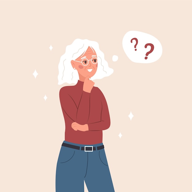 Mujer mayor en duda Personaje femenino inteligente que tiene preguntas Resolución de problemas Ilustración vectorial en estilo de dibujos animados planos