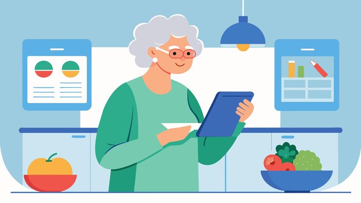 Vector una mujer mayor está de pie en su cocina revisando un plan de comidas personalizado creado por un dietista