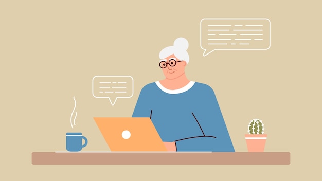 Mujer mayor estudia y estudia tecnologías modernas usando una computadora portátil. Una abuela sonriente positiva se sienta frente a una computadora, se comunica en Internet en línea y aprende cosas nuevas. Un adulto está trabajando.
