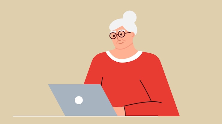 Vector mujer mayor estudia y estudia tecnologías modernas usando una computadora portátil. una abuela sonriente positiva se sienta frente a una computadora, se comunica en internet en línea y aprende cosas nuevas. un adulto está trabajando.