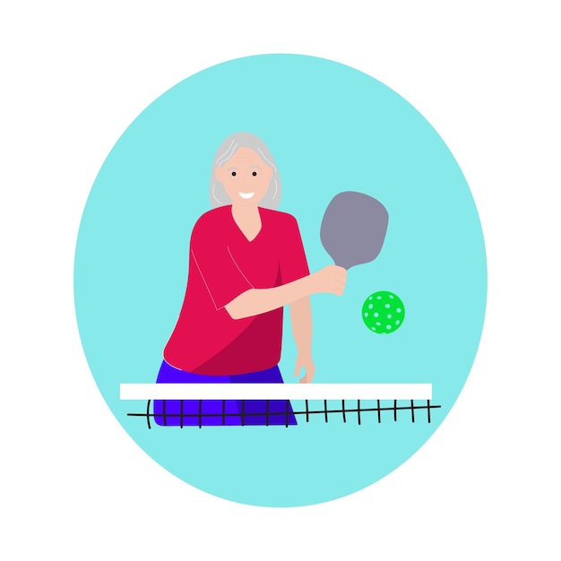 Vector mujer mayor, juego, pickleball, en, corte, activo, vejez