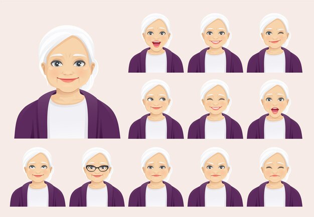 Mujer mayor madura con diferentes expresiones faciales conjunto ilustración vectorial aislado
