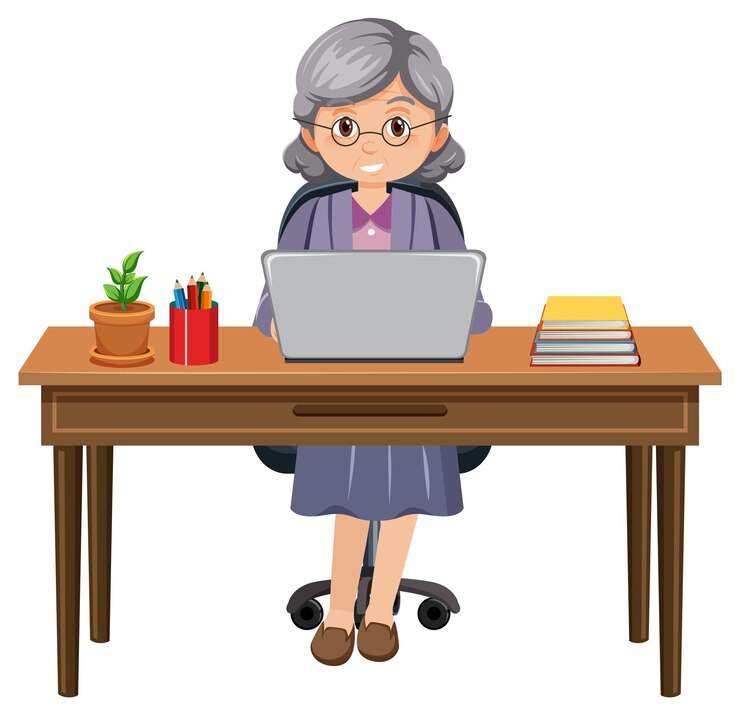 Vector mujer mayor, sentado, delante de, computador portatil