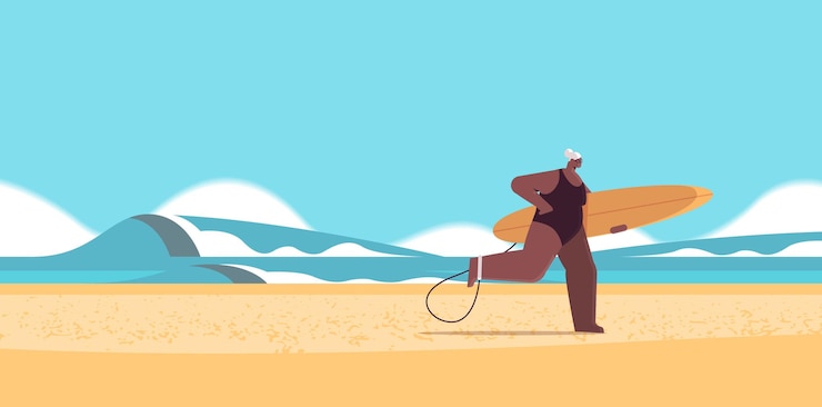 Vector mujer mayor con tabla de surf de edad surfista femenina con tabla de surf vacaciones de verano concepto de vejez activa horizontal ilustración vectorial de longitud completa