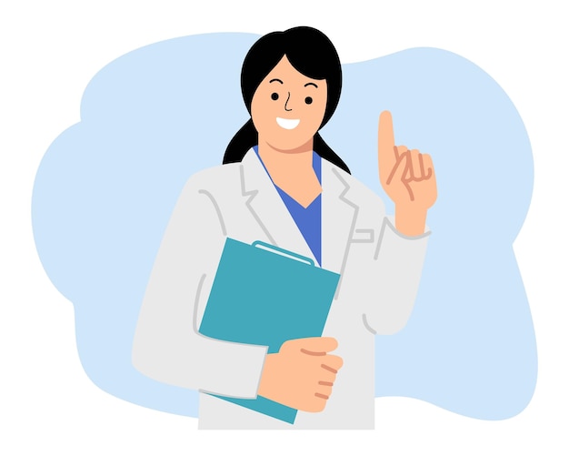 Mujer médico sosteniendo el clipboard y mostrando el dedo apuntando hacia arriba