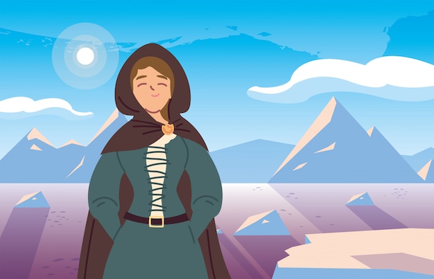 Mujer medieval con vestido delante del diseño del paisaje del reino y el cuento de hadas