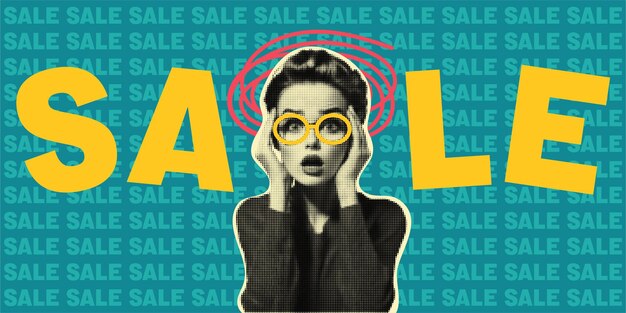 Mujer de medio tono vintage con gafas con texto de venta póster de arte pop retro