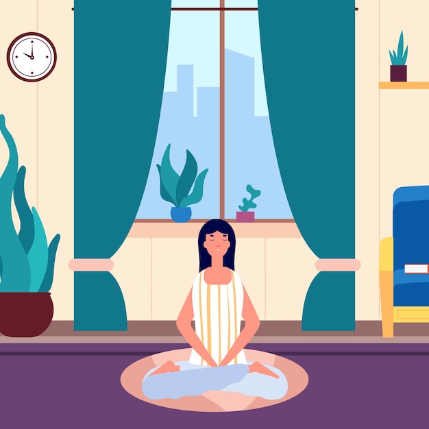 Vector mujer de meditación. chica mantenga la calma en la sala de estar.