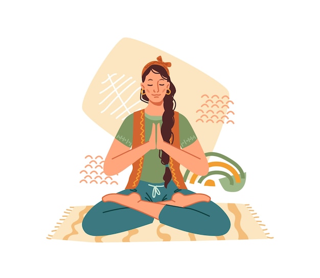 Vector mujer de meditación de yoga meditando en posición de loto