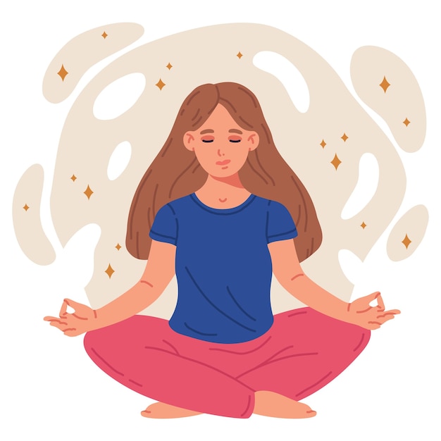 Mujer meditadora de dibujos animados personaje femenino sentado en pose de loto de yoga calmado humano meditando alivio del estrés y meditación ilustración vectorial plana