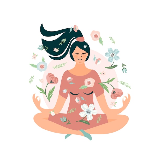 Mujer meditando autocuidado amor propio armonía ilustración aislada