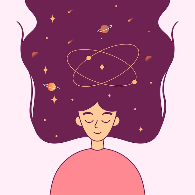 Mujer meditando con el espacio de la mente del universo en el cabello meditación atención plena soñando ilustración