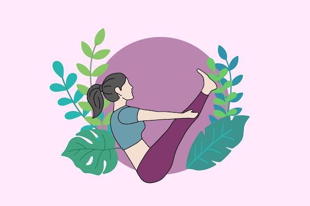 Mujer meditando en ilustración de naturaleza pacífica, yoga y concepto de estilo de vida saludable, diseño de dibujos animados planos