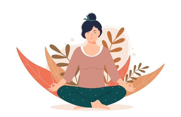 Mujer meditando en la naturaleza y hojas. personaje femenino está sentado en posición de loto.