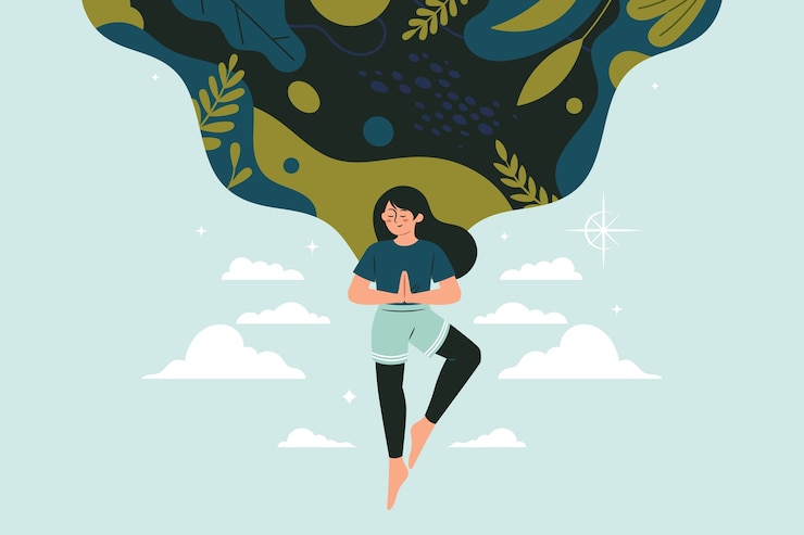Vector mujer meditando en la naturaleza: yoga y bienestar