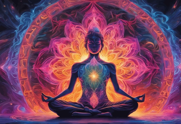 mujer meditando con pose de loto meditación energía espiritual arte espiritualmeditando ingenio femenino