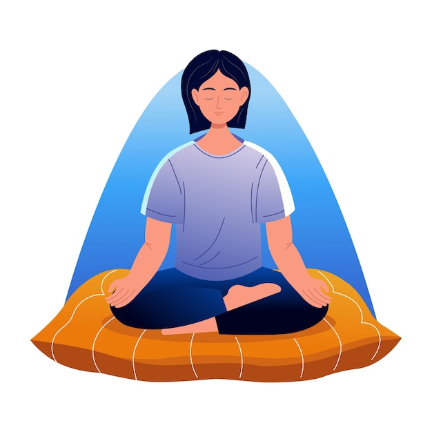 Mujer meditando en posición de loto en una almohada