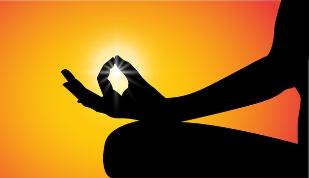 Mujer meditando en posición de yoga sentada en la cima de una montaña al atardecer Meditación Zen paz Ilustraciones vectoriales