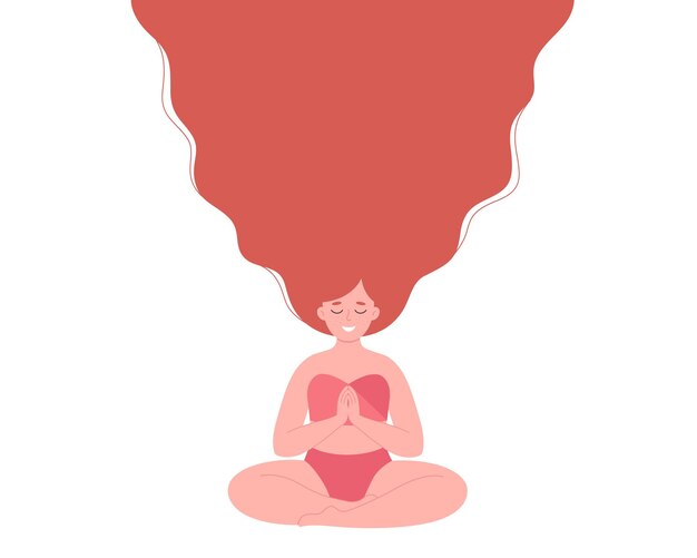 Mujer meditando en traje de baño. Estilo de vida saludable, yoga, relax, ejercicio respiratorio. Hola Verano