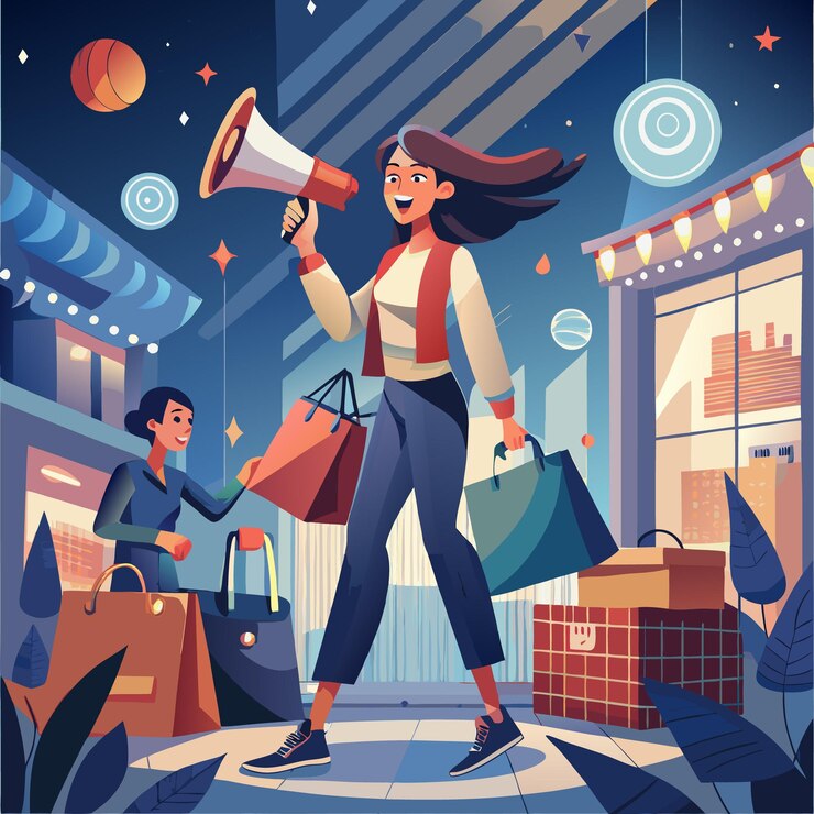 Vector una mujer con un megáfono y bolsas de compras de pie fuera de una tienda anunciando una venta