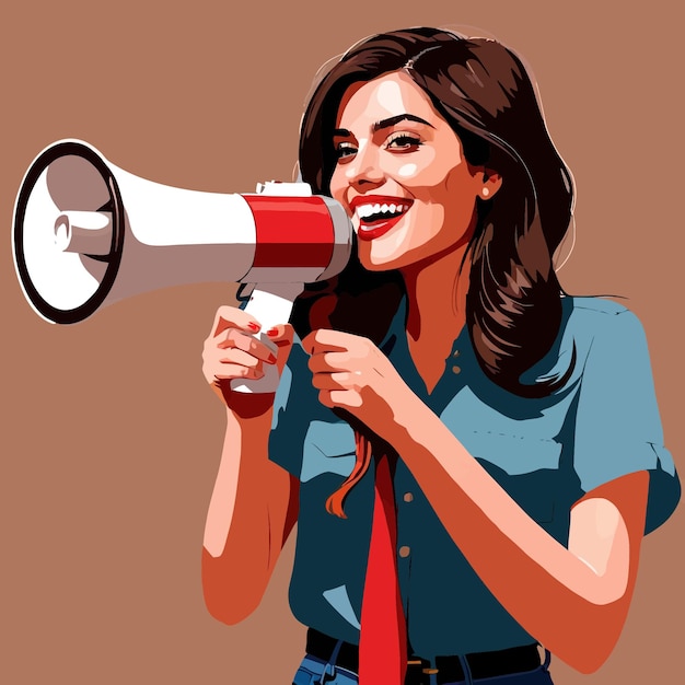 Vector mujer con megáfono gritando un mensaje de comunicación ilustración de clipart vectorial