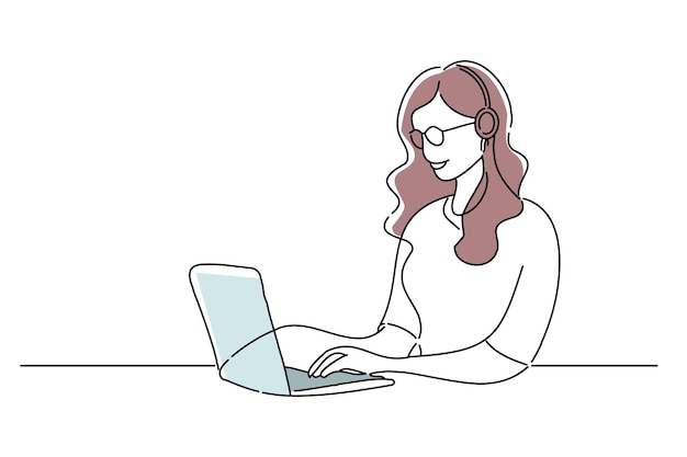 Mujer mejorando sus habilidades informáticas dibujando una ilustración vectorial de arte de línea continua